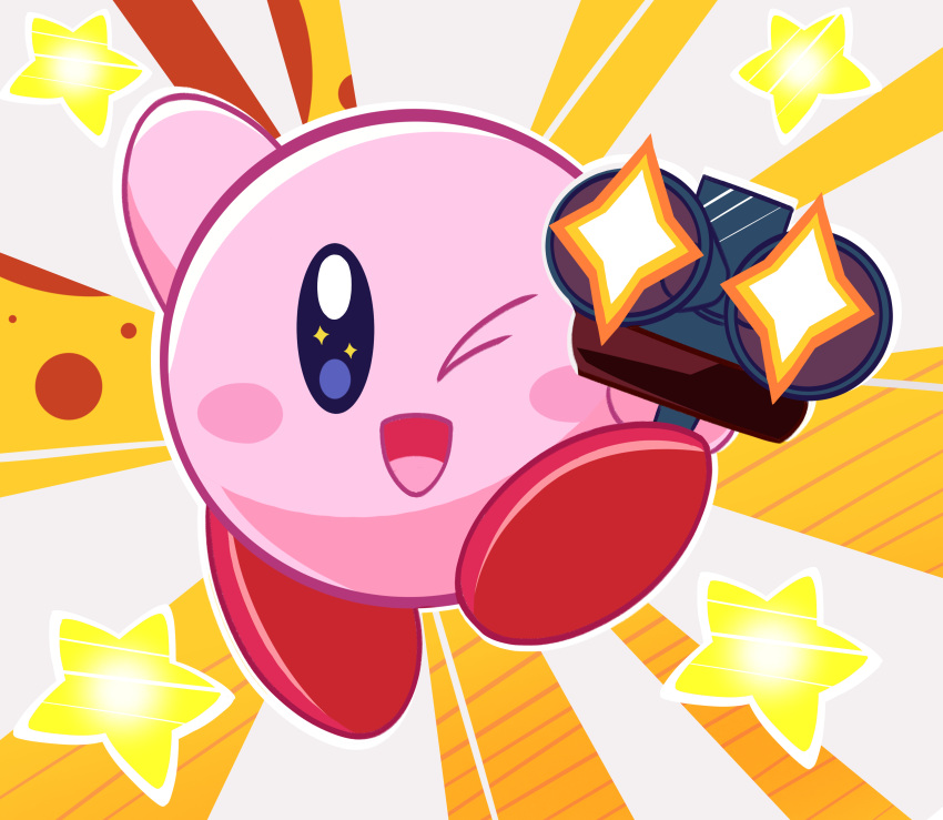 absurd_res blue_eyes bluebutterz clothing footwear gun happy hi_res highlights_(coloring) kirby kirby_(series) male nintendo one_eye_closed pink_body ranged_weapon red_clothing red_footwear red_shoes shoes shotgun simple_background solo sparkles star waddling_head weapon wink