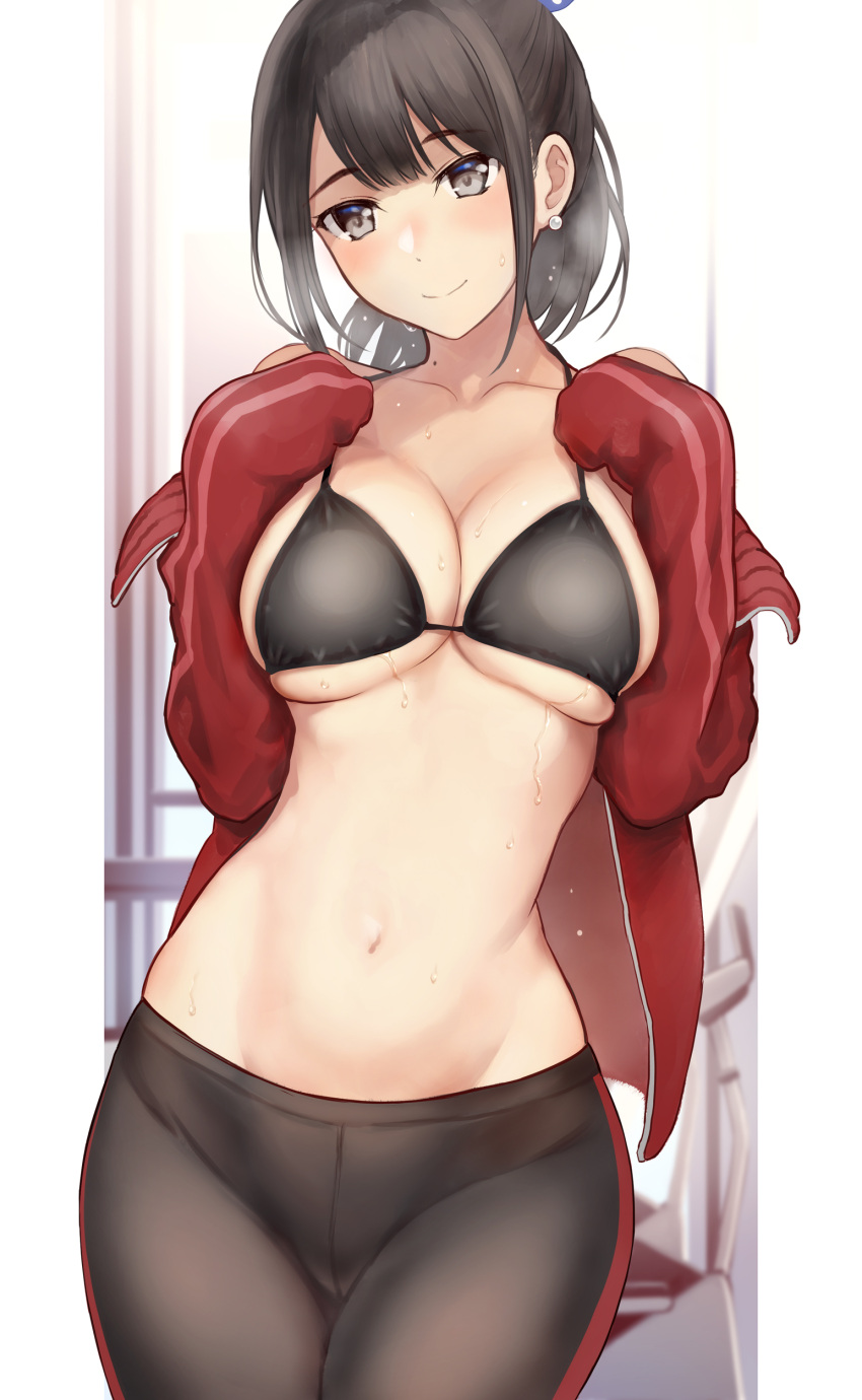 1girl absurdres bangs bikini bikini_top_only black_bikini black_pants blush breasts brown_hair cleavage closed_mouth collarbone cowboy_shot earrings grey_eyes highres jacket jewelry large_breasts long_hair long_sleeves looking_at_viewer mole mole_on_neck navel nijisanji open_clothes open_jacket pants ponytail red_jacket serizawa_(serizawaroom) skindentation smile solo stomach suzuka_utako sweat swimsuit track_jacket virtual_youtuber yoga_pants