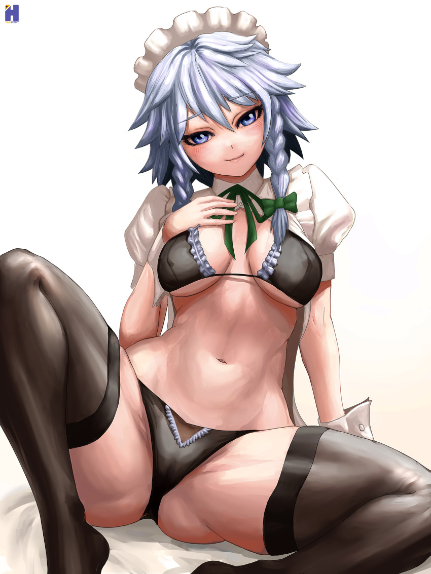 1girl blue_eyes braid breasts cameltoe covered_nipples frills hand_on_own_chest head_tilt highres izayoi_sakuya large_breasts light_smile looking_at_viewer maid_headdress navel shrug_(clothing) simple_background sitting solo spread_legs swwhenry thighhighs touhou twin_braids white_background