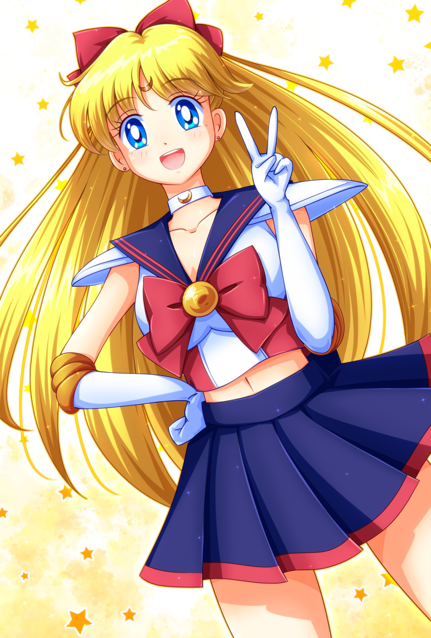 aino_minako bangs bishoujo_senshi_sailor_moon blonde_hair blue_eyes blue_sailor_collar blue_skirt bow codename_wa_sailor_v crescent crescent_choker crescent_facial_mark domino_mask facial_mark forehead_mark hair_bow highres long_hair mask mimimix pleated_skirt red_bow sailor_collar sailor_v shirt shoulder_pads skirt v white_shirt