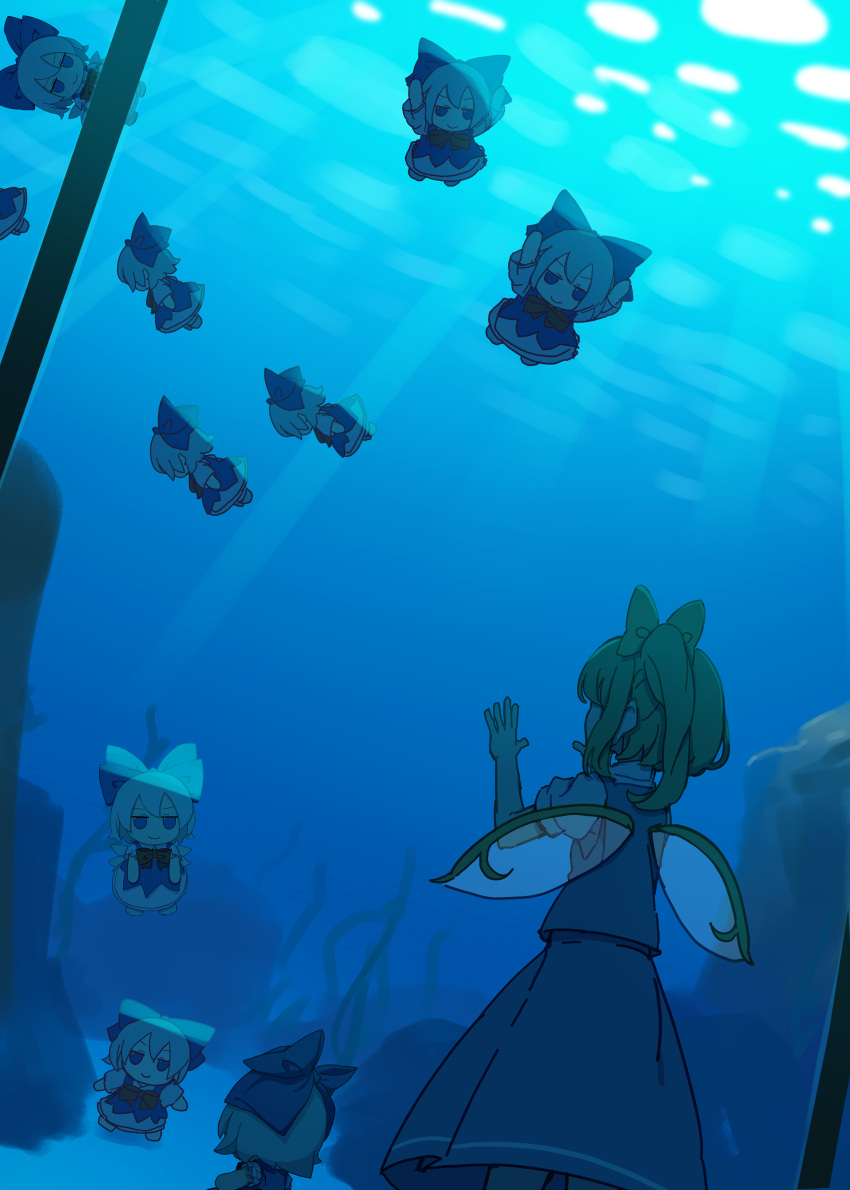1girl absurdres aquarium blue_bow blue_dress blue_skirt blue_vest bow character_doll cirno daiyousei dress fairy fairy_wings fumo_(doll) glass green_hair hand_on_glass highres kame_(kamepan44231) one-hour_drawing_challenge puffy_short_sleeves puffy_sleeves shirt short_hair short_sleeves side_ponytail skirt solo touhou vest white_shirt wings