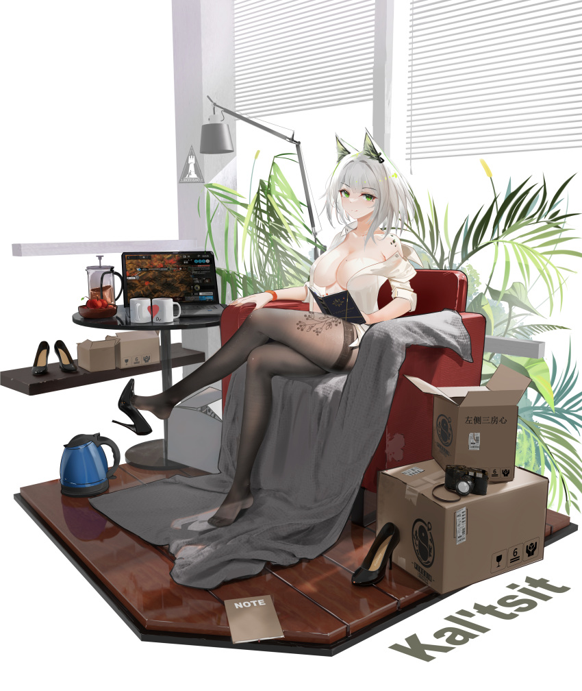 1girl absurdres animal_ear_fluff animal_ears arknights armchair bangs bare_shoulders black_footwear black_pantyhose book box breasts cardboard_box cat_ears chair character_name chinese_commentary cleavage closed_mouth coffee_pot collarbone commentary_request computer couch crossed_legs cup dated earrings green_eyes high_heels highres holding holding_book indoors jewelry kal'tsit_(arknights) laptop large_breasts leaf looking_at_viewer medium_hair mole mole_on_breast mug no_bra off_shoulder on_couch open_book open_clothes open_shirt oripathy_lesion_(arknights) pantyhose plant potted_plant sabou_san-shitsu_kokoro see-through shirt shoes shoes_removed short_hair sitting sleeves_rolled_up smile solo thighband_pantyhose thighs water_boiler white_hair white_shirt wristband