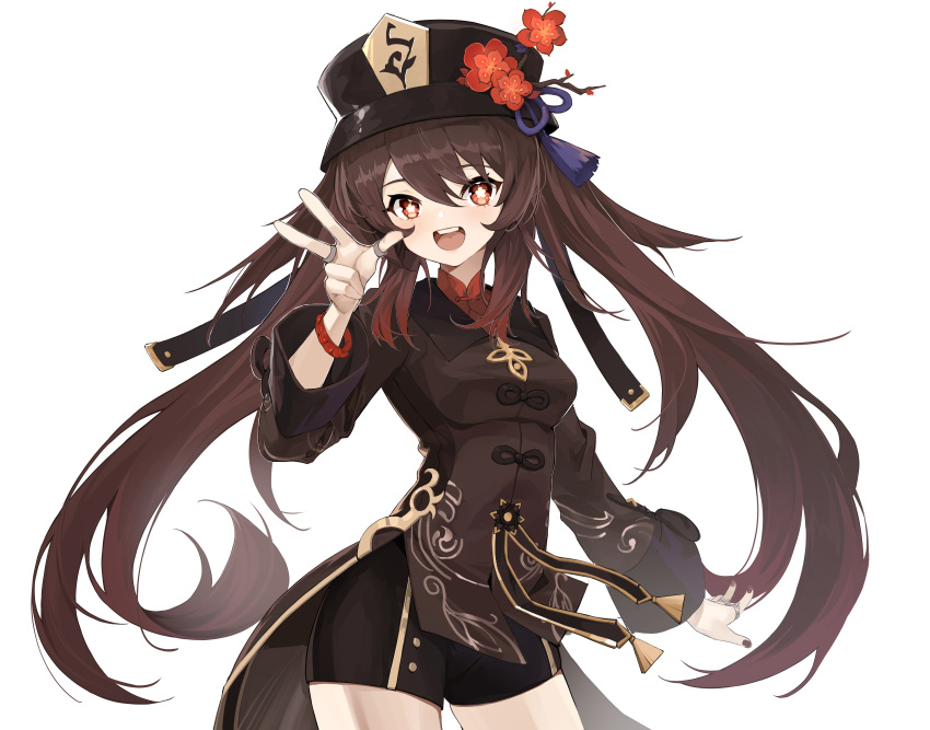 1girl :d absurdres bangs bead_bracelet beads black_nails black_shorts bracelet breasts brown_coat brown_hair chi-aaa chinese_clothes chinese_commentary coat commentary_request cowboy_shot floating_hair flower flower-shaped_pupils genshin_impact hair_flaps hand_up hat hat_branch hat_flower hat_tassel highres hu_tao_(genshin_impact) jewelry long_hair looking_at_viewer mandarin_collar medium_breasts multiple_rings nail_polish open_mouth plum_blossoms porkpie_hat red_eyes red_shirt ring shirt short_shorts shorts sidelocks simple_background smile solo symbol-shaped_pupils teeth thighs twintails upper_teeth_only very_long_hair w white_background