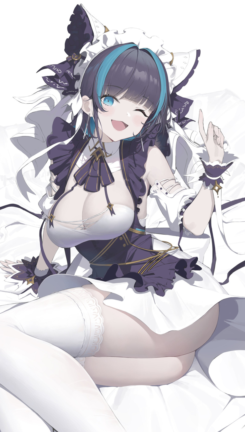 1girl absurdres animal_ears apron aqua_hair azur_lane bangs blue_apron blue_eyes blue_hair blush breasts cat_ears cheshire_(azur_lane) cleavage cleavage_cutout clothing_cutout detached_sleeves dress earrings hand_up highres index_finger_raised jewelry large_breasts looking_at_viewer maid maid_headdress multicolored_hair on_bed one_eye_closed open_mouth short_hair sitting smile soho_(user_dphk5745) solo streaked_hair thighhighs tongue white_dress white_thighhighs wrist_cuffs
