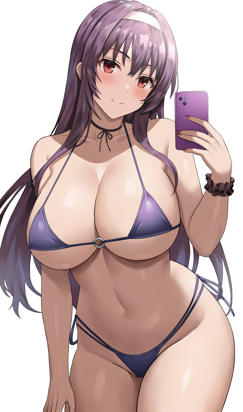 1girl absurdres bangs bikini blush breasts cellphone cleavage collarbone commentary_request cowboy_shot hair_between_eyes hair_intakes hairband highleg highleg_bikini highres holding holding_phone jasony kasumigaoka_utaha large_breasts long_hair looking_at_viewer micro_bikini navel paid_reward_available phone purple_bikini purple_hair red_eyes saenai_heroine_no_sodatekata scrunchie sidelocks simple_background smartphone smile solo standing stomach swimsuit underwear white_background white_hairband wrist_scrunchie