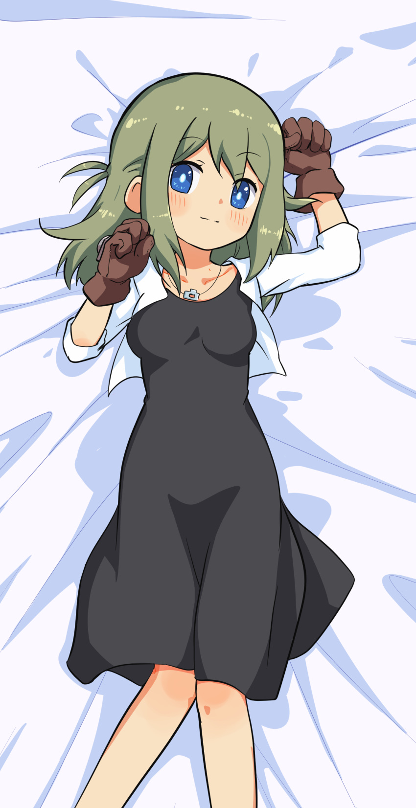 1girl absurdres arm_up bangs bed_sheet black_dress blue_eyes blush borrowed_character breasts brown_gloves closed_mouth collarbone commentary_request cropped_jacket dress feet_out_of_frame gloves green_hair highres jacket looking_at_viewer luke_(b10a3123m) lying medium_breasts on_back open_clothes open_jacket original smile solo white_jacket yunomiya_agari