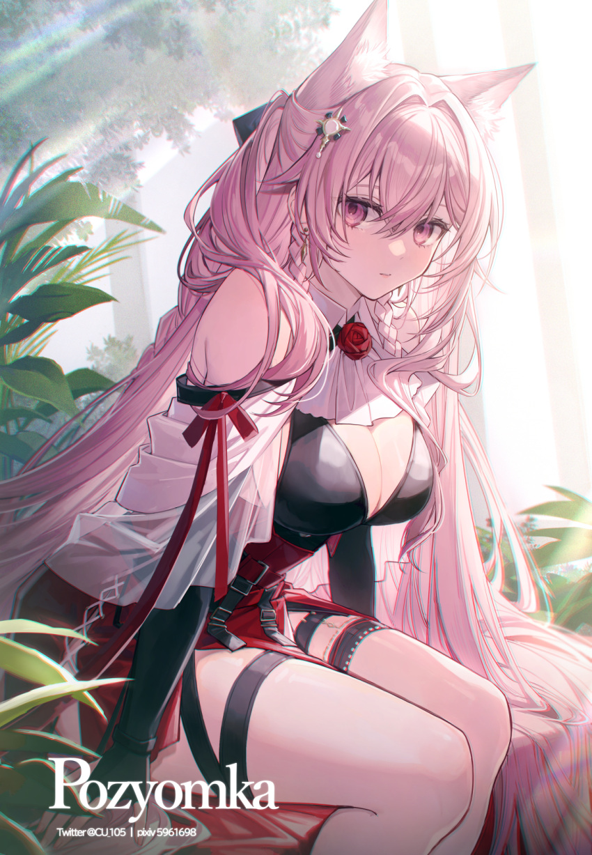 1girl animal_ears arknights bikini bikini_top_only black_bikini black_gloves braid breasts character_name cleavage commentary_request coyucom earrings flower gloves high-waist_skirt highres jewelry long_hair medium_breasts parted_lips pink_eyes pink_hair pozyomka_(arknights) red_flower red_rose red_skirt rose skirt solo swimsuit thigh_strap twin_braids twitter_username very_long_hair wolf_ears