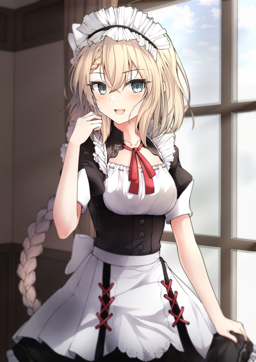 1girl :d blonde_hair blue_eyes blush braid breasts centaureissi_(girls'_frontline_nc) collarbone cross-laced_clothes cross-laced_skirt g36_(girls'_frontline) girls'_frontline_neural_cloud hair_between_eyes hand_up highres indoors long_hair looking_at_viewer mage_(335656) maid maid_headdress medium_breasts neck_ribbon open_mouth red_ribbon ribbon skirt smile solo very_long_hair window