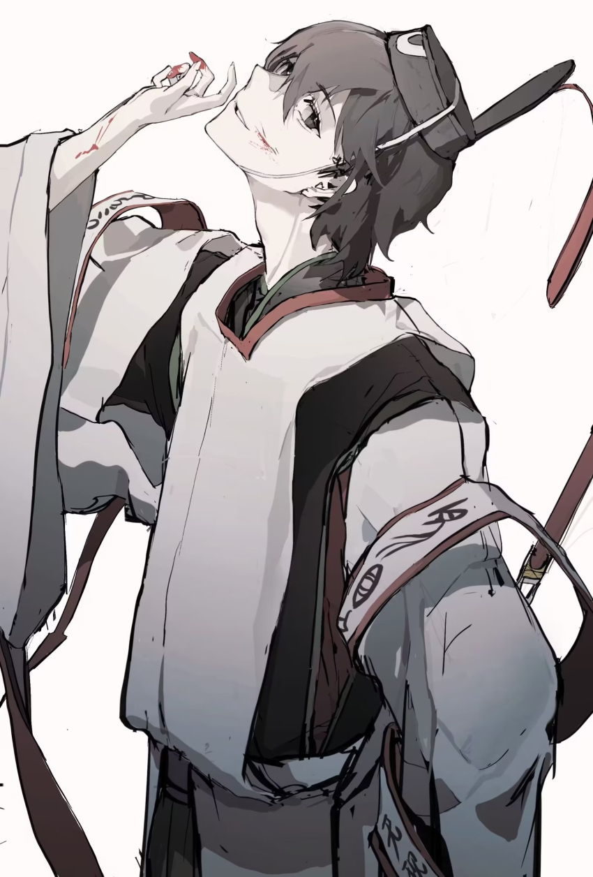 1other androgynous beiked204 black_eyes black_hair black_headwear blood blood_on_face blood_on_hands hat highres japanese_clothes kariginu len'en ofuda ofuda_on_clothes open_mouth senri_tsurubami short_hair smile wide_sleeves
