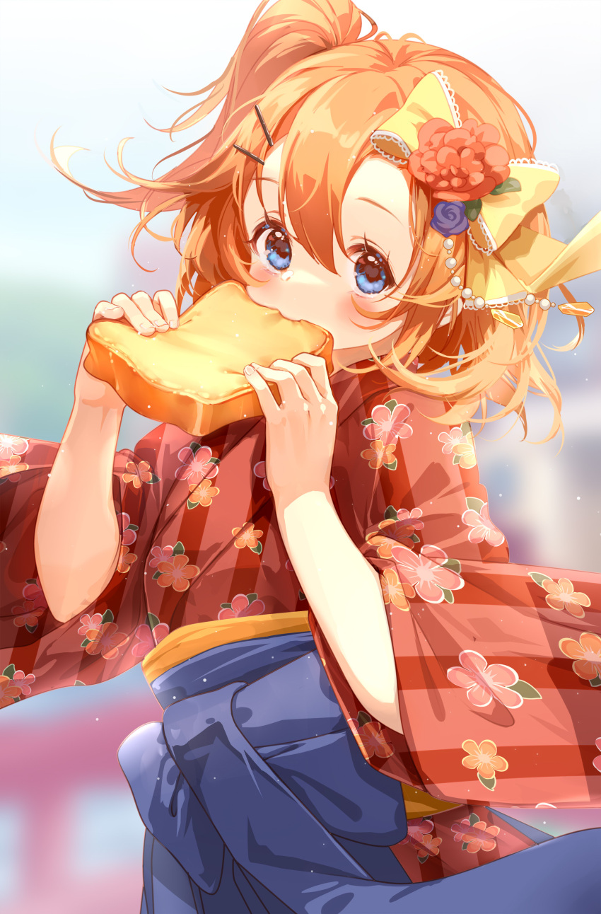 1girl absurdres bangs blue_bow blue_eyes blue_flower blue_hakama blue_rose blurry blurry_background bow bread brown_hair clouble commentary_request depth_of_field eating floral_print flower food hair_between_eyes hair_bow hair_flower hair_ornament hairclip hakama hakama_skirt highres holding holding_food japanese_clothes kimono kousaka_honoka long_sleeves love_live! love_live!_school_idol_project one_side_up print_kimono red_flower red_kimono rose skirt solo striped striped_kimono vertical-striped_kimono vertical_stripes wide_sleeves yellow_bow