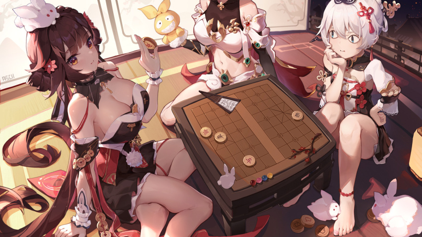 &lt;|&gt;_&lt;|&gt; 3girls animal_on_head asc11 bare_shoulders barefoot black_dress black_shirt board_game boobplate breasts brown_hair cleavage crop_top detached_collar detached_sleeves double_bun dress gold_trim hair_bun hand_up highres holding homu_(honkai_impact) honkai_(series) honkai_impact_3rd kiana_kaslana kiana_kaslana_(herrscher_of_flamescion) large_breasts li_sushang li_sushang_(jade_knight) long_hair looking_at_viewer midriff multiple_girls navel official_alternate_costume on_head orange_eyes pout shirt short_dress sitting sleeveless sleeveless_shirt snow_bunny stomach strapless strapless_dress theresa_apocalypse theresa_apocalypse_(starlit_astrologos) thighs very_long_hair white_hair xiangqi yokozuwari zhuge_kongming_(honkai_impact)