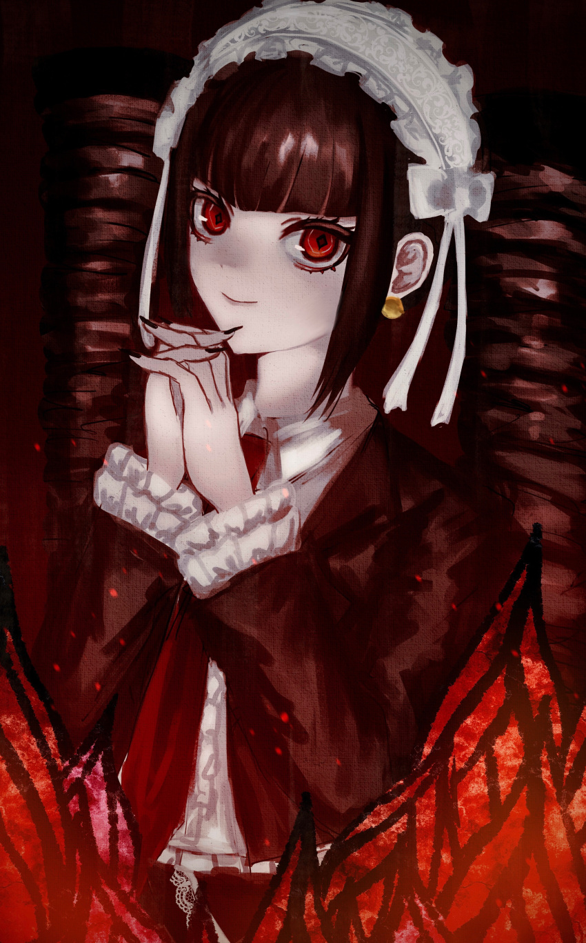 1girl absurdres bangs brown_hair brown_jacket celestia_ludenberg center_frills closed_mouth collared_shirt danganronpa:_trigger_happy_havoc danganronpa_(series) drill_hair earrings fire frills gothic_lolita grey_shirt highres jacket jewelry lolita_fashion long_hair necktie own_hands_clasped own_hands_together red_eyes shi_ge_xu shirt smile solo twin_drills twintails