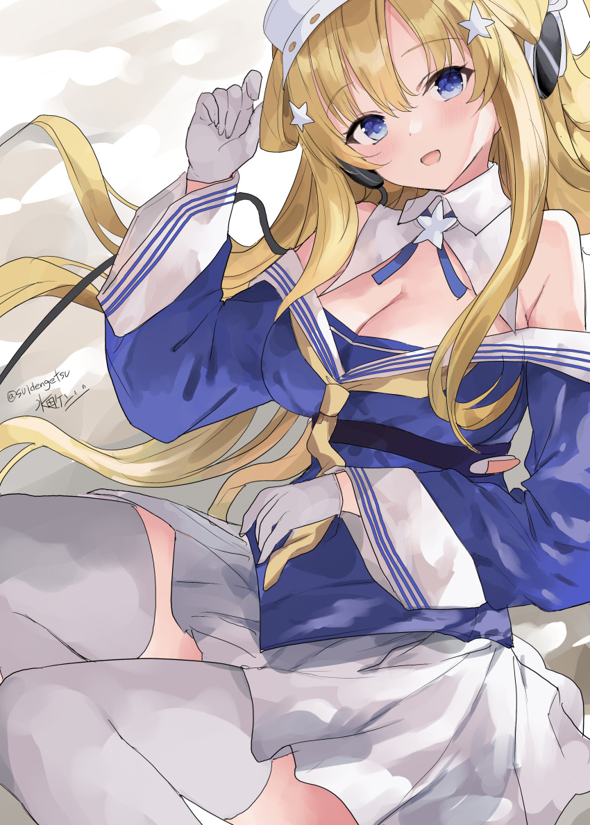 1girl absurdres blonde_hair blue_shirt breasts cleavage double_bun fletcher_(kancolle) gloves hair_bun hair_ornament hairband headphones highres kantai_collection large_breasts long_hair long_sleeves looking_at_viewer mizuta_kenji neckerchief net off_shoulder open_mouth pleated_skirt purple_eyes sailor_collar school_uniform serafuku shirt sitting skirt smile solo star_(symbol) star_hair_ornament thighhighs united_states_medal_of_honor white_gloves white_sailor_collar white_skirt white_thighhighs yellow_neckerchief