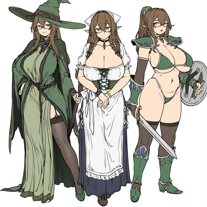 1girl arm_guards armor bangs bikini bikini_armor black_garter_straps black_thighhighs blush braid breasts brown_footwear brown_hair brown_haired_glasses_elf_(houtengeki) brown_thighhighs cleavage closed_mouth elf full_body glasses greaves green_armor green_eyes green_footwear green_headwear hair_between_eyes hat high_ponytail highleg highleg_bikini highres holding holding_staff houtengeki large_breasts large_hat long_hair long_sleeves looking_at_viewer multiple_views navel open_mouth original pauldrons pointy_ears ponytail shield short_sleeves shoulder_armor sidelocks simple_background smile staff standing swimsuit sword thighhighs thighs twin_braids weapon white_background white_headwear wide_sleeves witch_hat