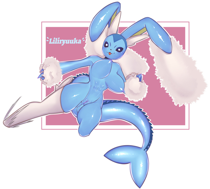 absurd_res anthro areola blue_body blush border breasts eeveelution female fur generation_1_pokemon generation_4_pokemon genitals hi_res hybrid liliryuuka looking_at_viewer lopunny nintendo nipples pokemon pokemon_(species) pussy solo tongue tongue_out vaporeon white_body white_border white_fur
