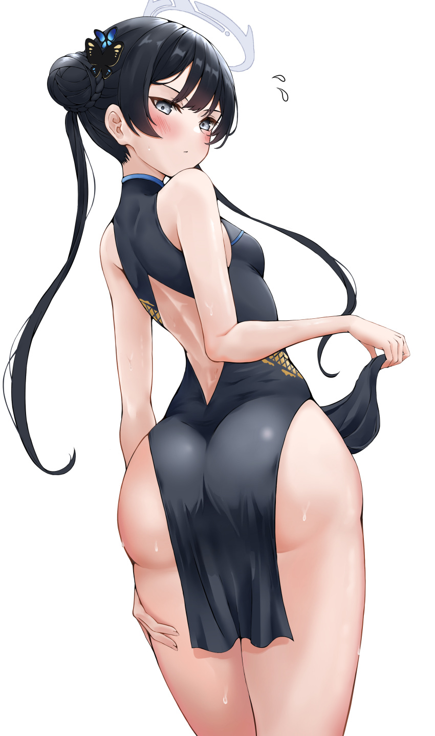 1girl absurdres ass back bangs bare_shoulders black_dress black_hair blue_archive blue_eyes braid braided_bun breasts butterfly_hair_ornament china_dress chinese_clothes double_bun dragon_print dress grey_eyes hair_bun hair_ornament halo highres kisaki_(blue_archive) lds_(dstwins97) long_hair looking_at_viewer looking_back pelvic_curtain print_dress short_dress side_slit sleeveless sleeveless_dress small_breasts solo twintails