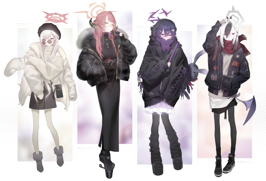 4girls absurdres albino animal_bag aru_(blue_archive) backpack bag bat_wings beret black_coat black_dress black_footwear black_gloves black_hair black_headwear black_hoodie black_jacket black_leg_warmers black_pantyhose black_shirt blue_archive bracelet bunny_earmuffs coat dress earmuffs earrings fashion fingernails frilled_skirt frills full_body glasses gloves grey_footwear hair_ornament hairclip halo hand_in_pocket hand_on_own_head handbag haruka_(blue_archive) hat highres hina_(blue_archive) hood hoodie horns jacket jewelry kayoko_(blue_archive) lace long_fingernails long_hair looking_at_viewer looking_to_the_side low_wings multicolored_hair multiple_girls necklace off-shoulder_sweater off_shoulder one_eye_closed pantyhose paperclip pink_eyes pink_hair pink_nails platform_footwear pointy_ears purple_eyes purple_hair red_eyes red_scarf ring s2j00 scarf shirt shoes simple_background skirt sleeveless sleeveless_sweater smile sneakers standing stuffed_animal stuffed_toy sunglasses sweater v white_hair white_jacket white_skirt white_sweater wings yellow_eyes zipper