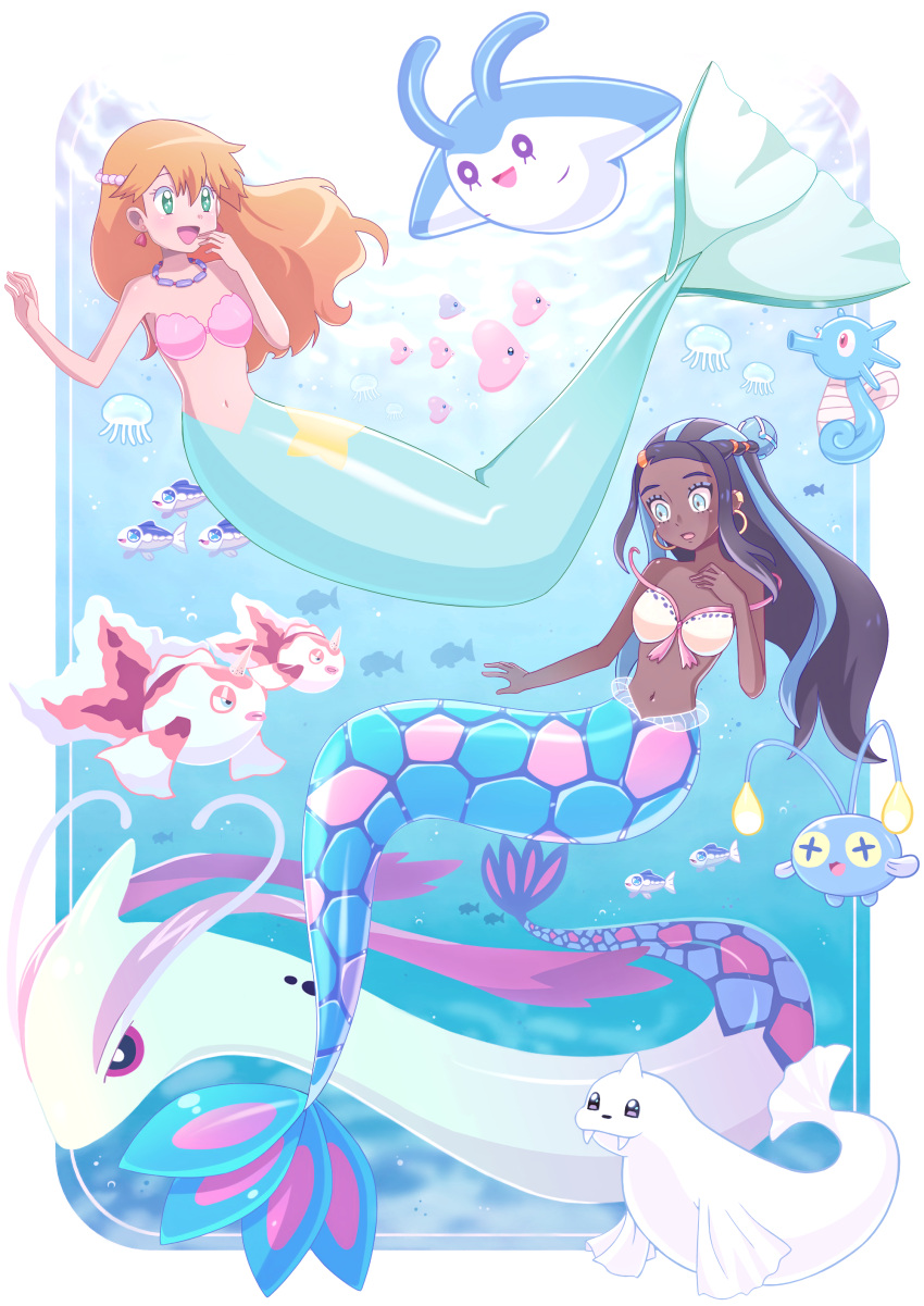 2girls :d absurdres bangs beads black_hair blue_hair blush border chinchou dark-skinned_female dark_skin dewgong earclip earrings eyelashes eyeshadow goldeen green_eyes hands_up highres horsea jellyfish jewelry long_hair looking_down luvdisc makeup mantyke mermaid milotic misty_(pokemon) monster_girl multiple_girls navel necklace nessa_(pokemon) open_mouth orange_hair pokemon pokemon_(anime) pokemon_(classic_anime) pokemon_(creature) pokemon_(game) pokemon_swsh shell shell_bikini sidelocks smile taelkonepti underwater white_border wishiwashi wishiwashi_(solo)