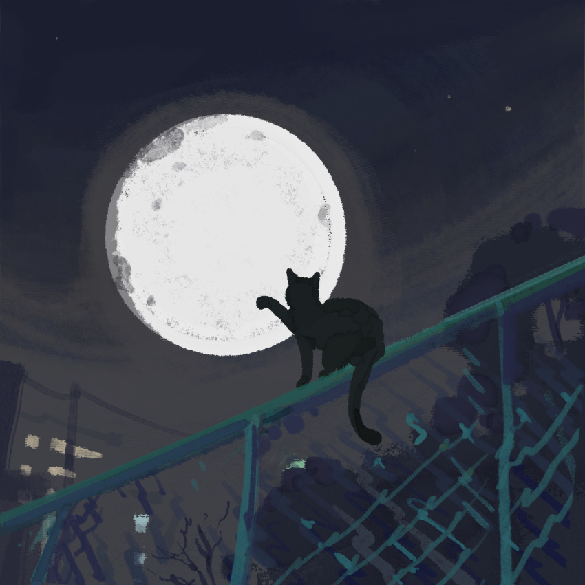 absurdres animal animal_focus black_cat cat chain-link_fence fence full_moon highres katakai moon night original outdoors power_lines sky star_(sky) urban
