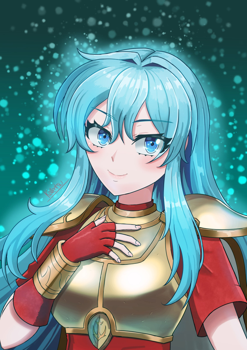 1girl absurdres aqua_background armor blue_eyes blue_hair breastplate commentary_request eirika_(fire_emblem) fingerless_gloves fire_emblem fire_emblem:_the_sacred_stones fire_emblem_engage gloves glowing hand_on_own_chest highres kallentsu long_hair looking_at_viewer red_gloves red_shirt shirt short_sleeves shoulder_armor smile solo upper_body