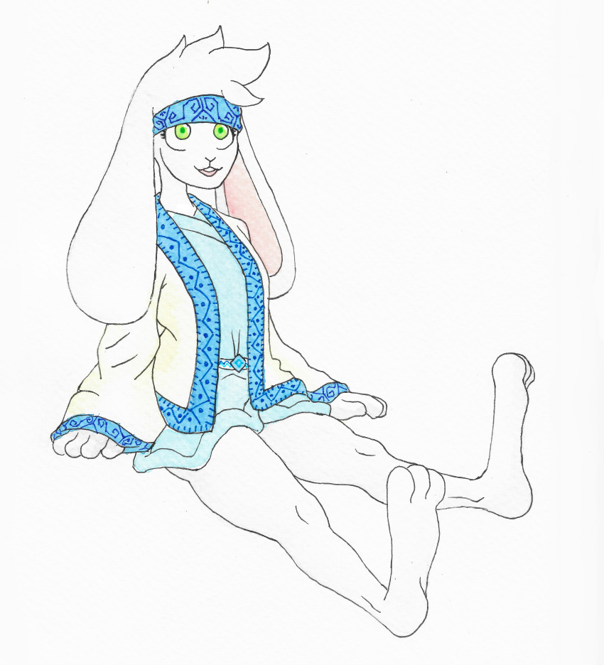 absurd_res accessory ainu_clothing anthro belt big_breasts big_ears big_feet breasts buckteeth clothing efrad efradraws feet female floppy_ears fur hair headband hi_res isepo_(efradraws) lagomorph leporid mammal painting_(artwork) rabbit simple_background solo teeth thick_thighs traditional_media_(artwork) watercolor_(artwork) white_background white_body white_fur white_hair