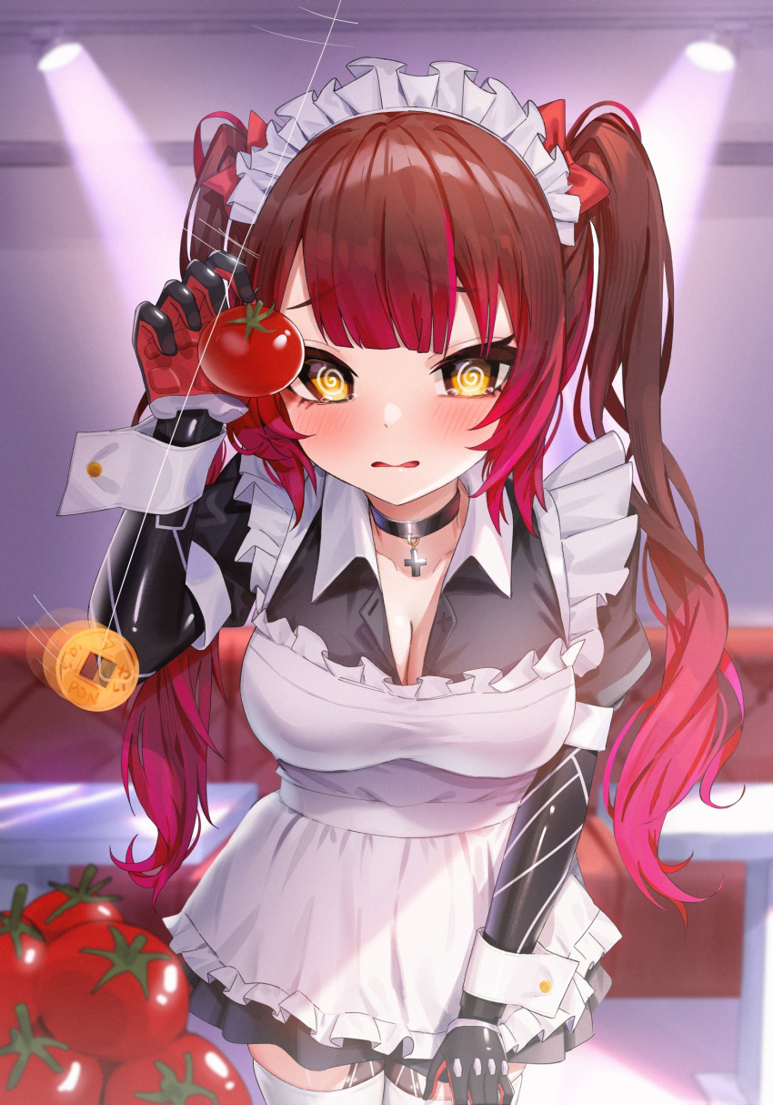 1girl @_@ android apron bangs blush breasts bu_leike choker cleavage coin commentary_request food fruit gradient_hair highres hololive hypnosis indoors large_breasts light maid maid_apron maid_headdress mechanical_arms mechanical_legs mind_control motion_lines multicolored_hair parted_lips red_hair roboco-san solo swinging tearing_up tomato twintails virtual_youtuber white_apron white_wrist_cuffs yellow_eyes