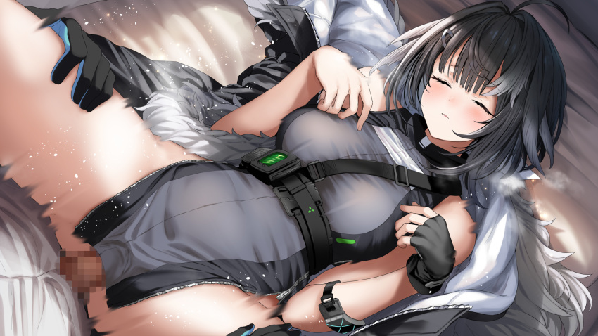 1boy 1girl ahoge arknights bangs black_eyes black_gloves black_hair black_jacket black_shirt blush breasts censored closed_eyes closed_mouth clothed_sex erection fingerless_gloves fur-trimmed_jacket fur_trim gloves hands_on_another's_thigh highres jacket jacket_removed la_pluma_(arknights) lying medium_breasts mosaic_censoring motion_lines on_back penis sex shirt short_hair side_slit single_fingerless_glove single_glove sleeveless sleeveless_shirt thighs tobimura vaginal