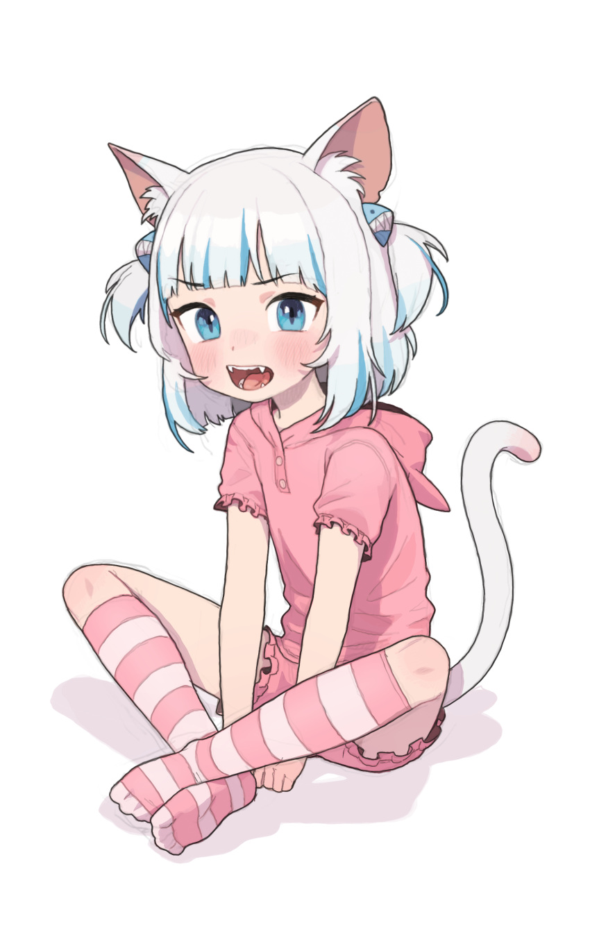 1girl absurdres animal_ear_fluff animal_ears arms_between_legs bangs blue_eyes blue_hair blunt_bangs blush cat_ears cat_girl cat_tail commentary crossed_legs dot_nose english_commentary fangs frilled_shorts frilled_sleeves frills full_body gawr_gura hair_ornament highres hololive hololive_english hood hood_down hooded_shirt looking_at_viewer medium_hair multicolored_clothes multicolored_hair multicolored_legwear on_floor open_mouth opossumachine pink_shirt pink_shorts pink_socks shark_hair_ornament shirt short_sleeves short_twintails shorts simple_background sitting socks solo straight_hair streaked_hair striped striped_socks tail teeth twintails white_background white_hair white_socks