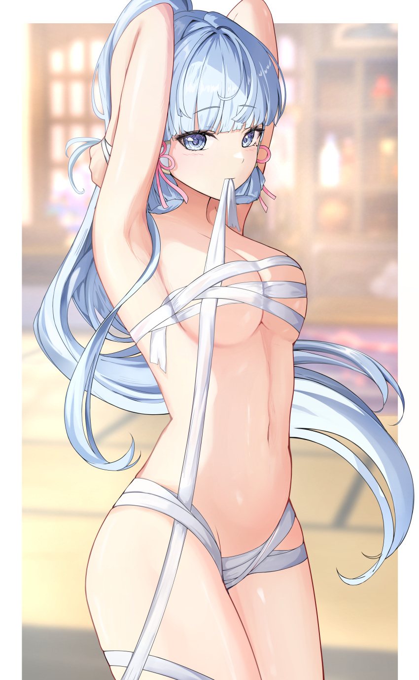 1girl absurdres armpits arms_up bandages bangs blue_eyes blue_hair blunt_bangs blunt_tresses blurry blurry_background breasts budget_sarashi cowboy_shot floating_hair genshin_impact hair_ribbon highres kamisato_ayaka large_breasts light_blue_hair long_hair looking_at_viewer mouth_hold naked_bandage ponytail ribbon sarashi shiny_skin solo thighs tress_ribbon underboob yeni1871