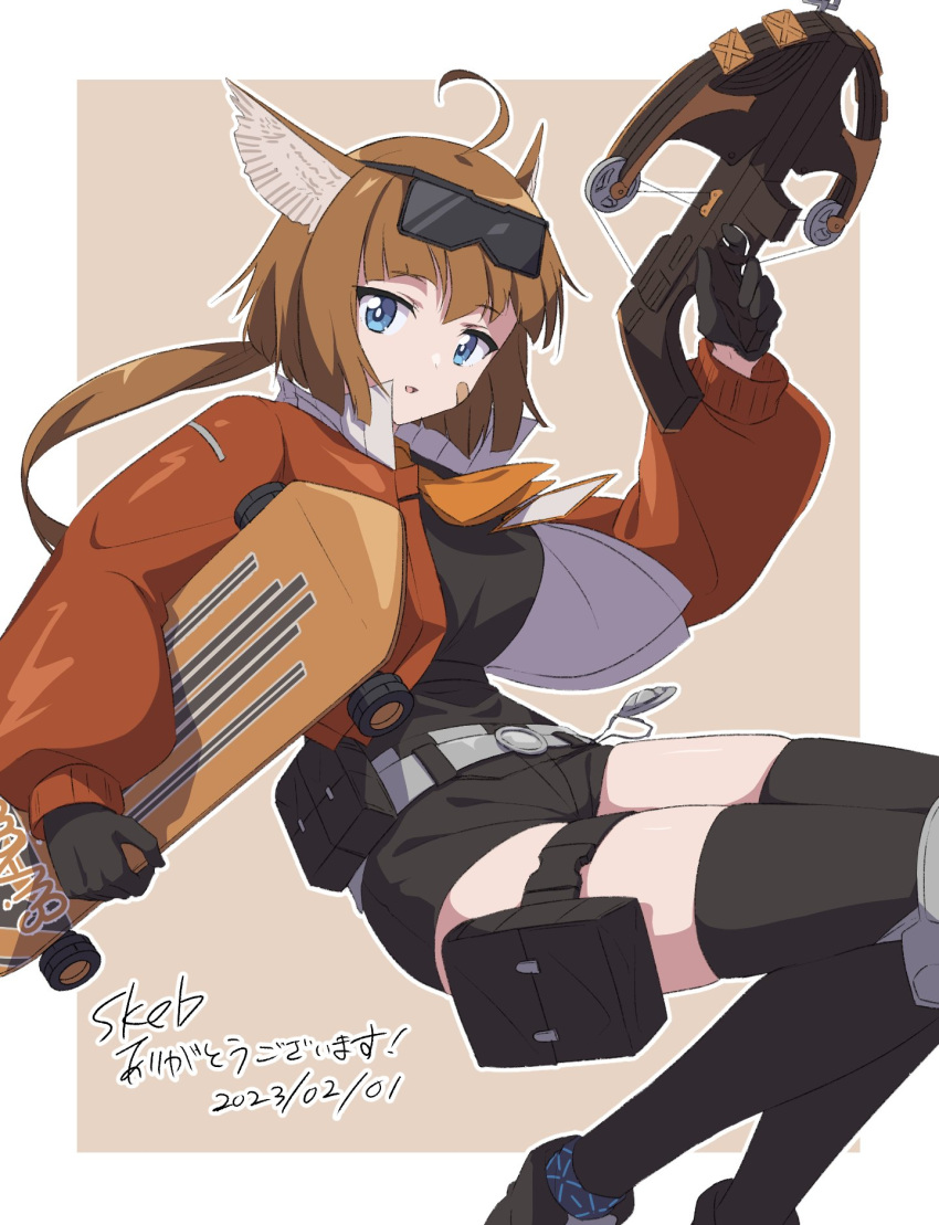 1girl aciddrop_(arknights) ahoge arknights belt black_gloves black_shirt black_shorts black_thighhighs blue_eyes brown_hair brown_jacket crossbow eyewear_on_head gloves highres jacket minowa_sukyaru shirt shorts skateboard sunglasses thigh_pouch thighhighs