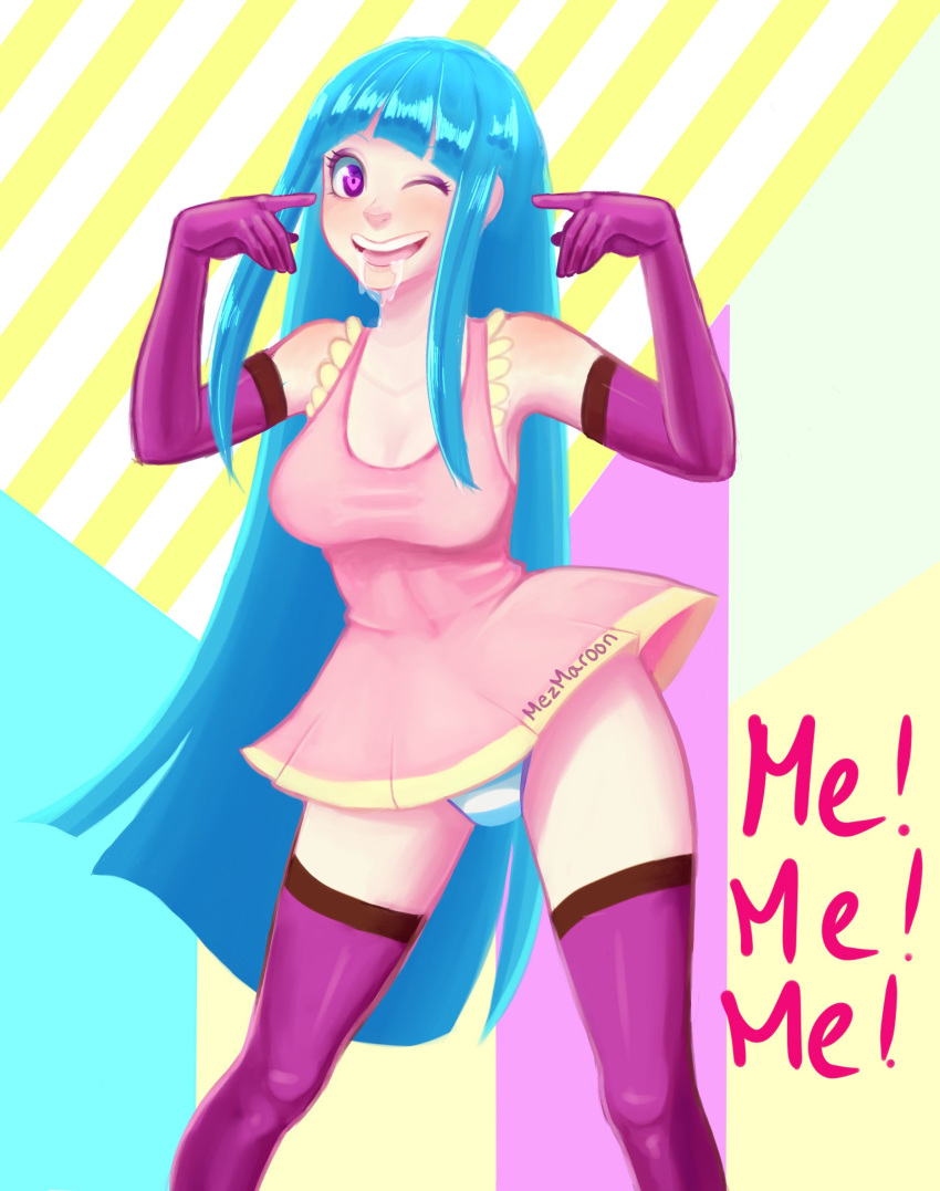 1girl artist_name bangs bare_shoulders blue_hair blue_panties blunt_bangs blush breasts collarbone copyright_name covered_navel dress drooling elbow_gloves female gloves hands_up happy heart heart-shaped_pupils highres jpeg_artifacts legs_apart light_blush long_hair looking_at_viewer me!me!me! medium_breasts meme_(me!me!me!) mezmaroon one_eye_closed open_mouth panties pink_dress pointing pointing_at_self purple_eyes purple_gloves purple_legwear saliva shiny shiny_hair short_dress signature sleeveless sleeveless_dress smile solo standing striped striped_panties symbol-shaped_pupils teeth thighhighs underwear very_long_hair wink