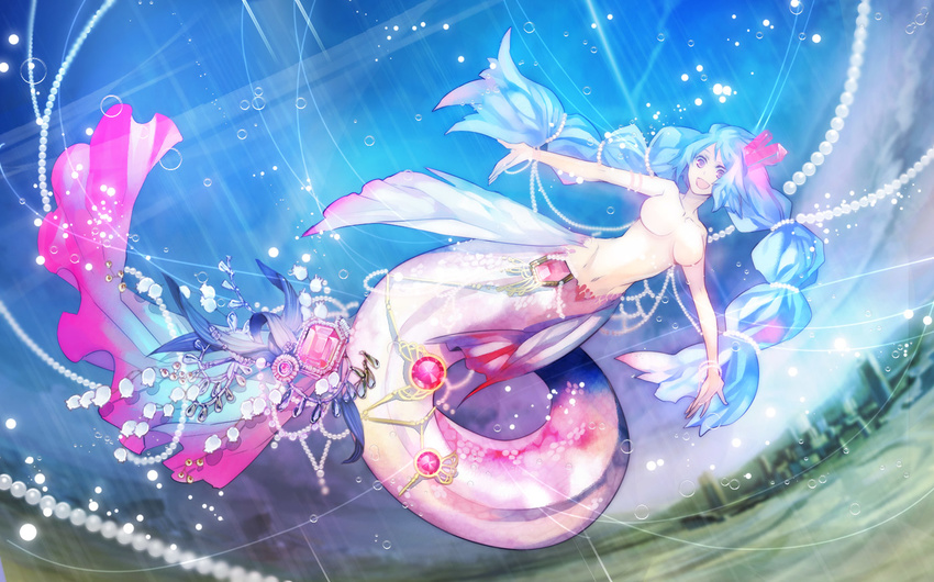 :d blue_hair breasts bubble gem jewelry kyouka_hatori large_breasts long_hair looking_at_viewer mermaid monster_girl navel no_nipples open_mouth outstretched_arms pearl pixiv_fantasia pixiv_fantasia_4 purple_eyes scales smile solo spread_arms topless twintails underwater