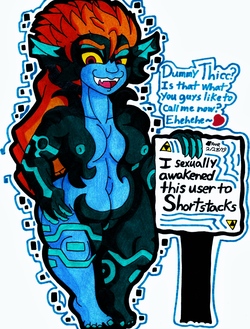 2019 4_fingers 4_toes absurd_res bioluminescence blue_skin breasts claws curvaceous eyeshadow fangs feet female glowing hair hi_res humanoid humanoid_feet imp makeup midna nails navel nintendo nipples nude orange_hair overweight pointy_ears ponytail pussy red_eyes sharp_nails short_stack sign slightly_chubby smile smirk smug speech_bubble tattoo the_legend_of_zelda thegrumpiestpanda_(artist) thick_thighs toenails toes traditional_media_(artwork) triforce twili twilight_princess video_games voluptuous wide_hips yellow_sclera