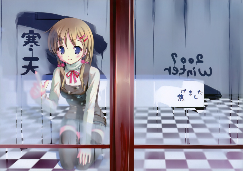 absurdres blue_eyes blush brown_hair checkered checkered_floor glass hair_ornament hair_ribbon hairclip highres kneeling long_hair original perspective ribbon skirt smile solo takoyaki_(roast) thighhighs turtleneck twintails window window_fog window_writing writing zettai_ryouiki