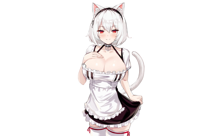 animal_ears anthropomorphism azur_lane blush breasts catgirl choker cleavage fang maid monyu_(monyupop) photoshop red_eyes sirius_(azur_lane) tail thighhighs white white_hair