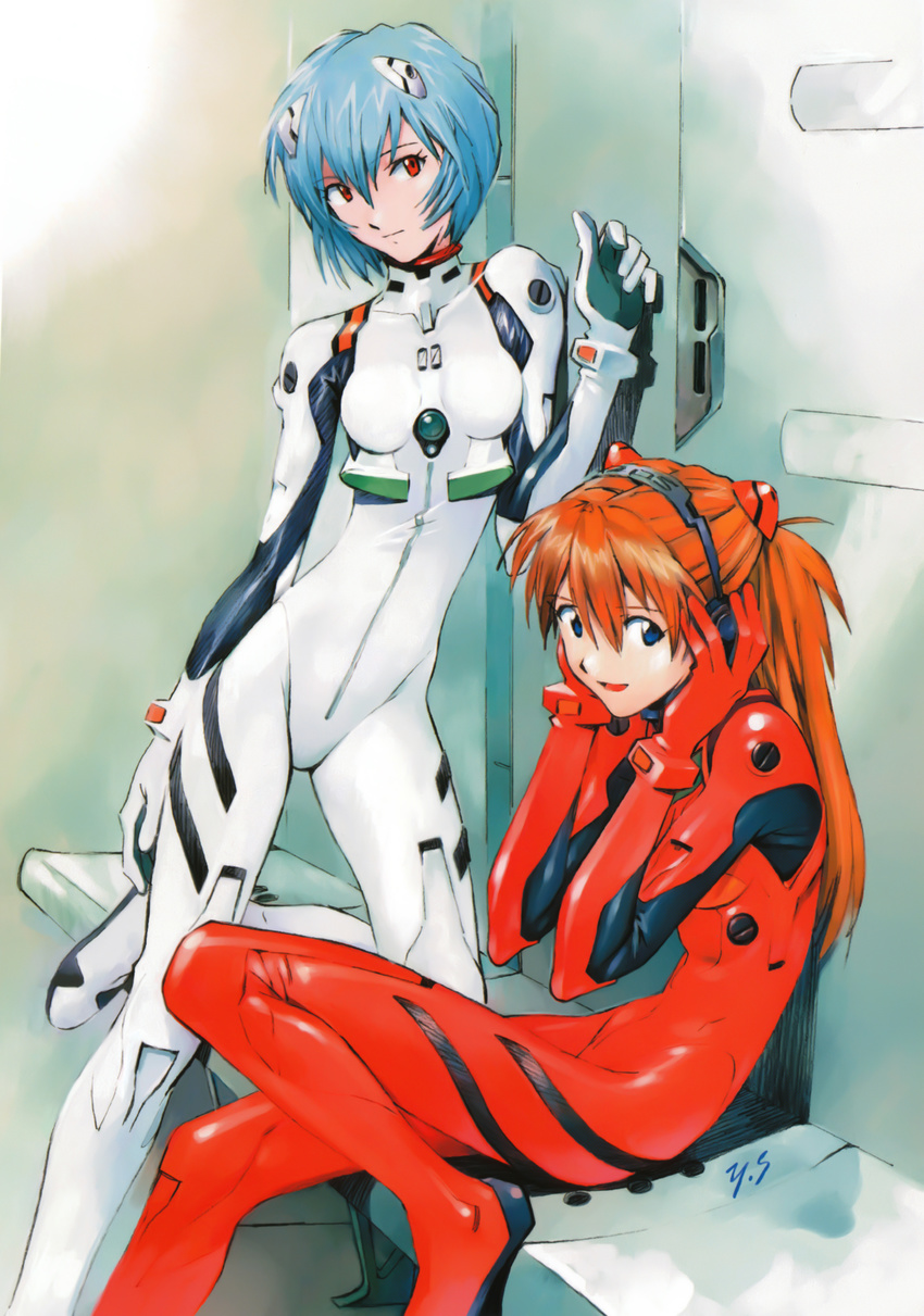 absurdres ayanami_rei blue_eyes blue_hair bodysuit headphones highres multiple_girls neon_genesis_evangelion official_art pale_skin plugsuit red_eyes red_hair sadamoto_yoshiyuki short_hair souryuu_asuka_langley white_bodysuit