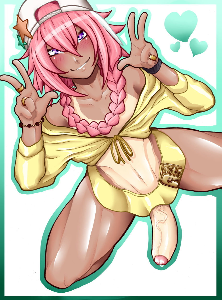 1boy androgynous astolfo_(fate) erection fate_(series) foreskin ganguro gyaru looking_at_viewer male penis solo tammaro tammdraws tan tanline trap veins veiny_penis