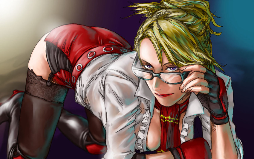 adjusting_eyewear all_fours arched_back blonde_hair breasts cleavage fingerless_gloves garters glasses gloves medium_breasts miniskirt miss_spencer necktie rumble_roses skirt sleeves_rolled_up solo take_(draghignazzo) thighhighs wallpaper