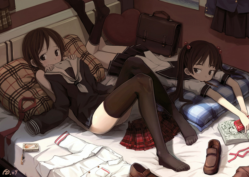 bag bail bed black_eyes black_legwear brown_hair cellphone clothes_in_front covering feet food hair_bobbles hair_ornament jitome legs loafers long_hair lying manga_(object) multiple_girls necktie nude nude_cover on_back on_stomach original phone plaid plaid_skirt pocky ribbon school_bag school_uniform shade shirt shoes short_hair skirt socks thighhighs twintails
