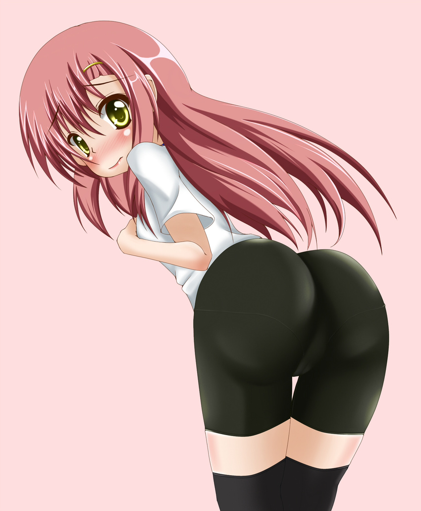 ass bad_id bad_pixiv_id bike_shorts blush hayate_no_gotoku! highres katsura_hinagiku long_hair looking_back pantylines pink_hair tera_hiroshi thighhighs yellow_eyes