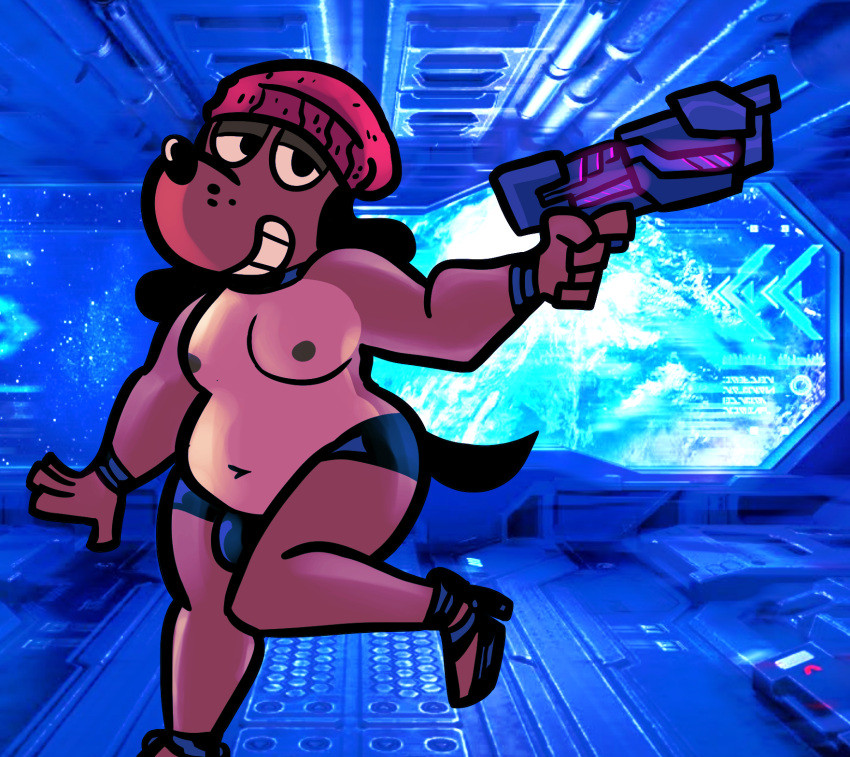 anthro beanie bedroom_eyes belly bottomwear breasts bulge canid canine canis choker clothing dizzysauce_nsfw domestic_dog footwear gun hat headgear headwear hi_res high_heels hotpants jewelry male mammal narrowed_eyes necklace nipples ranged_weapon seductive short_stack shorts slutty_clothing solo space spacecraft vehicle weapon