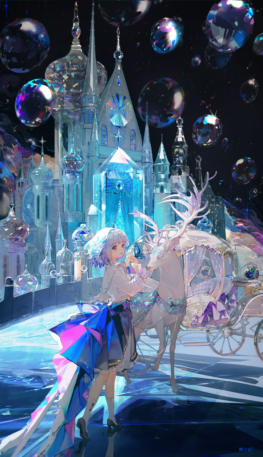 1girl ahoge bilibili black_footwear blue_hair blue_skirt bubble bug butterfly butterfly_on_hand carriage castle commentary_request crystal deer from_side hair_between_eyes hand_up high_heels highres light_blue_hair long_sleeves medium_hair open_mouth purple_eyes scenery shirt skirt socks solo white_shirt white_socks wide_shot wu_xiao_xian