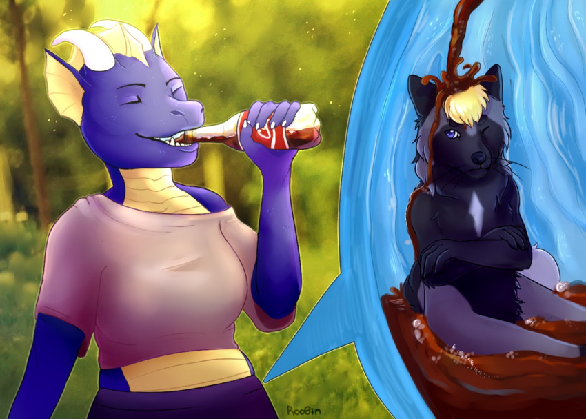 anthro beverage black_body black_fur blonde_hair blue_body blue_eyes blurred_background bottomwear canid clothed clothing coca-cola cutaway dragon drinking duo ear_frill eyes_closed female frill_(anatomy) fur glistening glistening_eyes grey_body grey_fur hair holding_beverage holding_object horn inside_stomach internal male mammal nude one_eye_closed outside pink_clothing pink_topwear purple_bottomwear purple_clothing roobin scales sitting topwear vore white_horn yellow_body yellow_frill yellow_scales