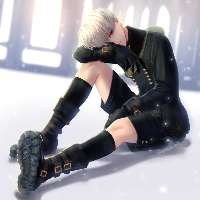 1boy black_gloves black_jacket black_shorts boots full_body gloves highres jacket long_sleeves looking_at_viewer male_focus mitsuki_nite nier_(series) nier_automata red_eyes short_hair shorts socks solo twitter_username white_hair yorha_no._9_type_s