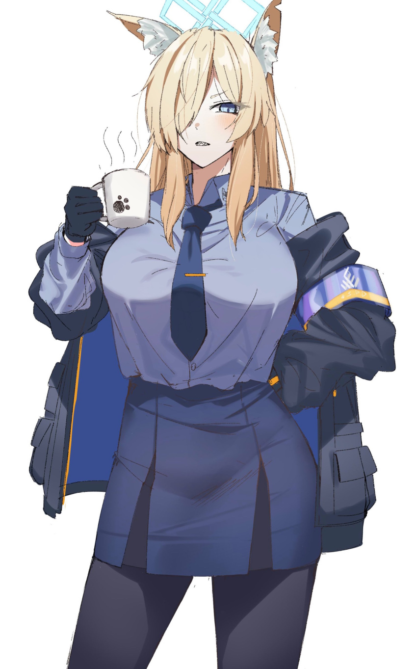 1girl absurdres animal_ear_fluff animal_ears black_gloves black_jacket blonde_hair blue_archive blue_eyes blue_skirt blush breasts coffee_mug cup fox_ears gloves gunpuu hair_over_one_eye halo highres jacket kanna_(blue_archive) large_breasts long_hair looking_at_viewer loose_necktie mug necktie pantyhose paw_print pencil_skirt sidelocks simple_background skirt solo white_background