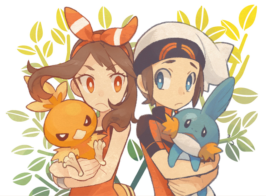 1boy 1girl angry beanie bird blue_eyes bow brendan_(pokemon) hair_bow hat head_fins leaf matatabi_nia may_(pokemon) mudkip nervous pokemon pokemon_(creature) pokemon_(game) pokemon_oras red_eyes red_tank_top tank_top torchic upper_body white_background