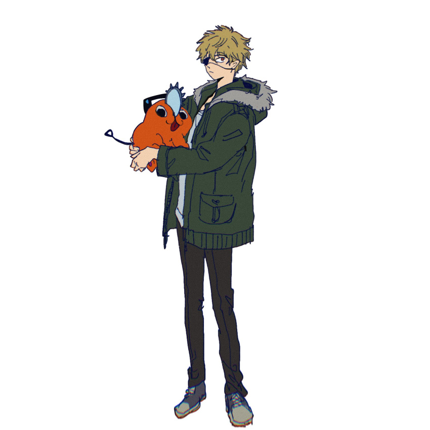 1boy blonde_hair carrying chainsaw chainsaw_man denji_(chainsaw_man) eyepatch fur-trimmed_hood fur_trim green_hoodie grey_shirt handle highres hood hoodie looking_at_viewer pochita_(chainsaw_man) pull_cord shinamoku00 shirt short_hair simple_background white_background