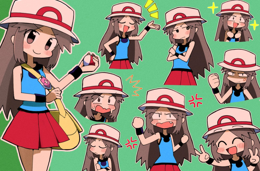 1girl ^_^ anger_vein bag black_wristband blue_shirt blush brown_eyes brown_hair bucket_hat closed_eyes closed_mouth commentary_request double_v fang green_background hair_flaps hands_up hat holding holding_poke_ball kuwagata_zaurus leaf_(pokemon) long_hair messenger_bag multiple_views notice_lines open_mouth outline pleated_skirt poke_ball poke_ball_(basic) pokemon pokemon_(game) pokemon_frlg red_skirt shirt shoulder_bag skirt sleeveless sleeveless_shirt sparkle u_u v vs_seeker white_headwear wristband yellow_bag