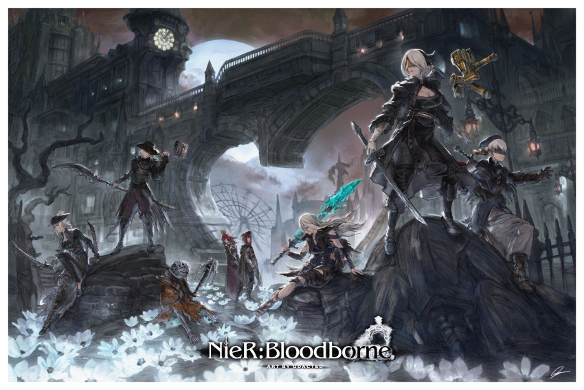 3boys 5girls adapted_costume alternate_costume black_blindfold blindfold bloodborne bridge clock clock_tower crossover devola dual_wielding emil_(nier) gdacted grey_hair grimoire_weiss hat highres holding kaine_(nier) moon multiple_boys multiple_girls nier nier_(series) nier_(young) nier_automata pod_(nier_automata) polearm popola spear staff sword tower weapon yorha_no._2_type_b yorha_no._9_type_s yorha_type_a_no._2