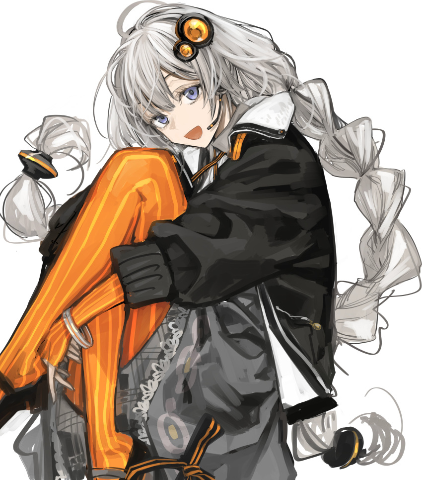 1girl absurdres bangs black_footwear black_jacket blue_eyes bracelet braid gloves grey_skirt hair_ornament headset highres hugging_own_legs ikuhana_niiro jacket jewelry kizuna_akari long_hair looking_at_viewer looking_to_the_side messy_hair microphone neck_ribbon open_mouth orange_gloves orange_pantyhose orange_ribbon pantyhose ribbon shoes simple_background skirt sleeves_past_elbows smile solo striped striped_gloves striped_pantyhose twin_braids vertical-striped_gloves vertical-striped_pantyhose vertical_stripes very_long_hair voiceroid white_background white_hair